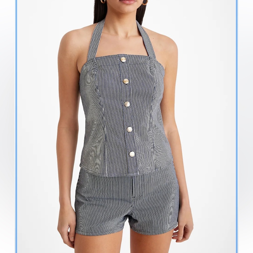 Brand New Express Denim Striped Halter Neck Novelty Button Top